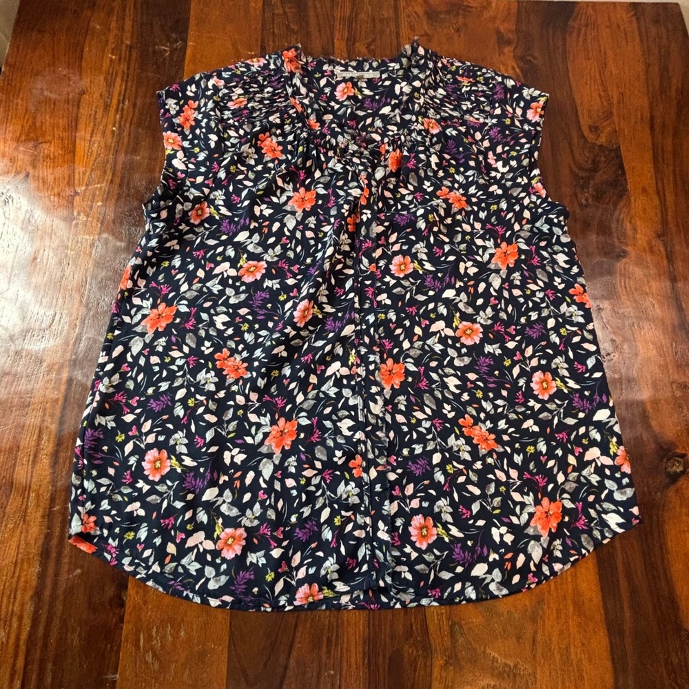 Daniel Rainn Navy Blue Floral Pintuck Cap Sleeve Blouse XL D1451-139R1